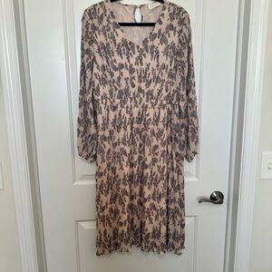 Pleated Pink Floral Long Sleeve Midi Dress Size L